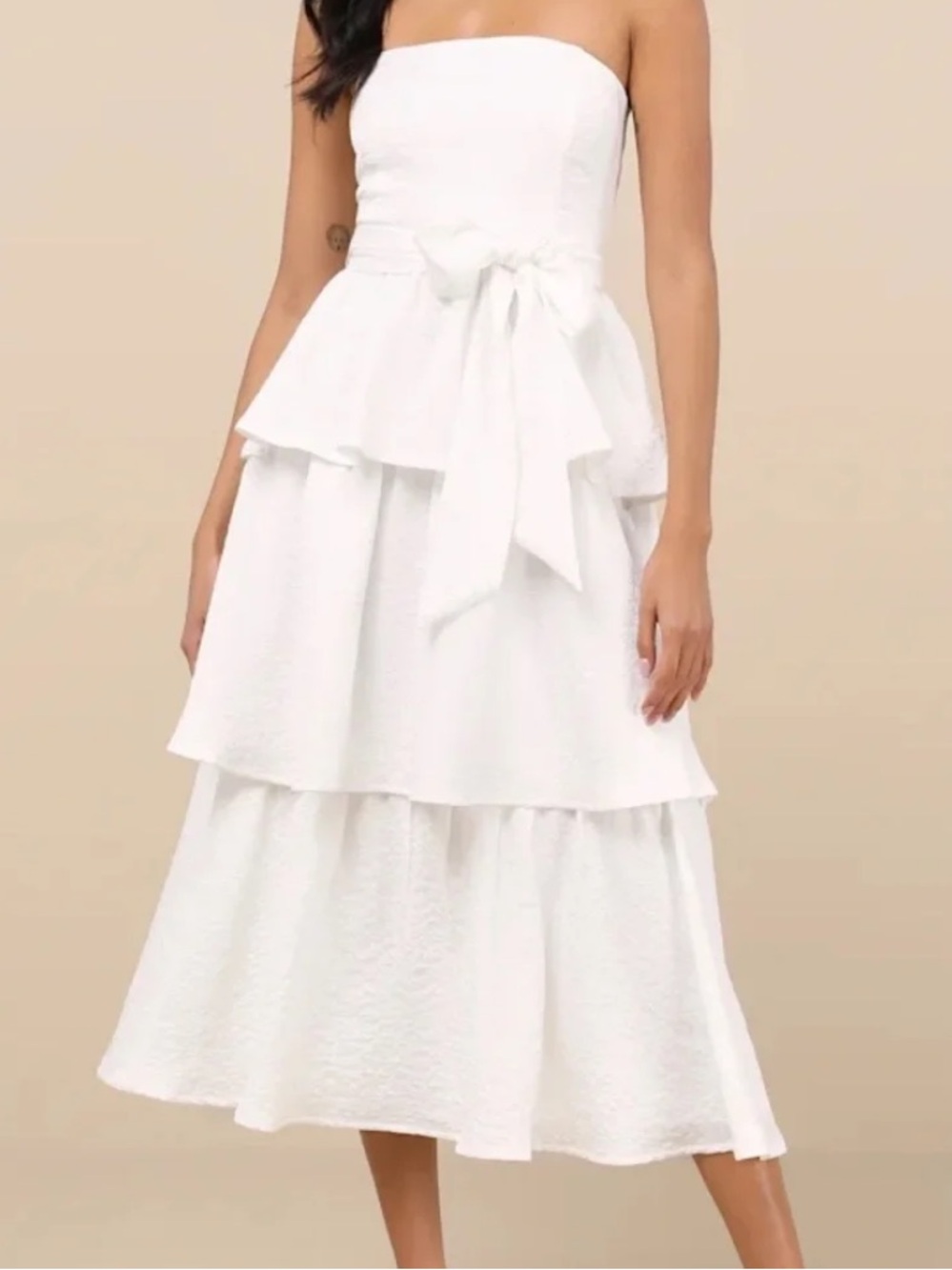 Lulu’s Strapless White Tiered Midi Dress with Waist Tie